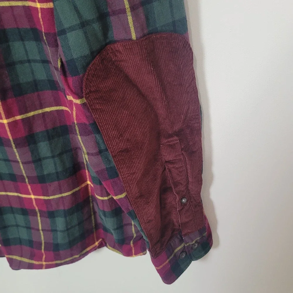 Banana Republic XL Flannel Shirt Mens Burgundy Plaid‎ Corduroy Elbow Patches
